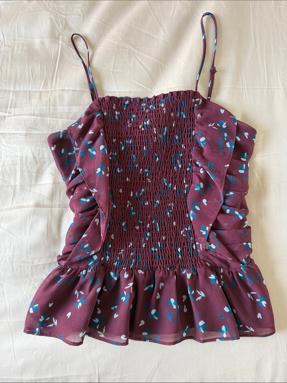 Wayf Burgundy Floral Smocked Ruffle Cami